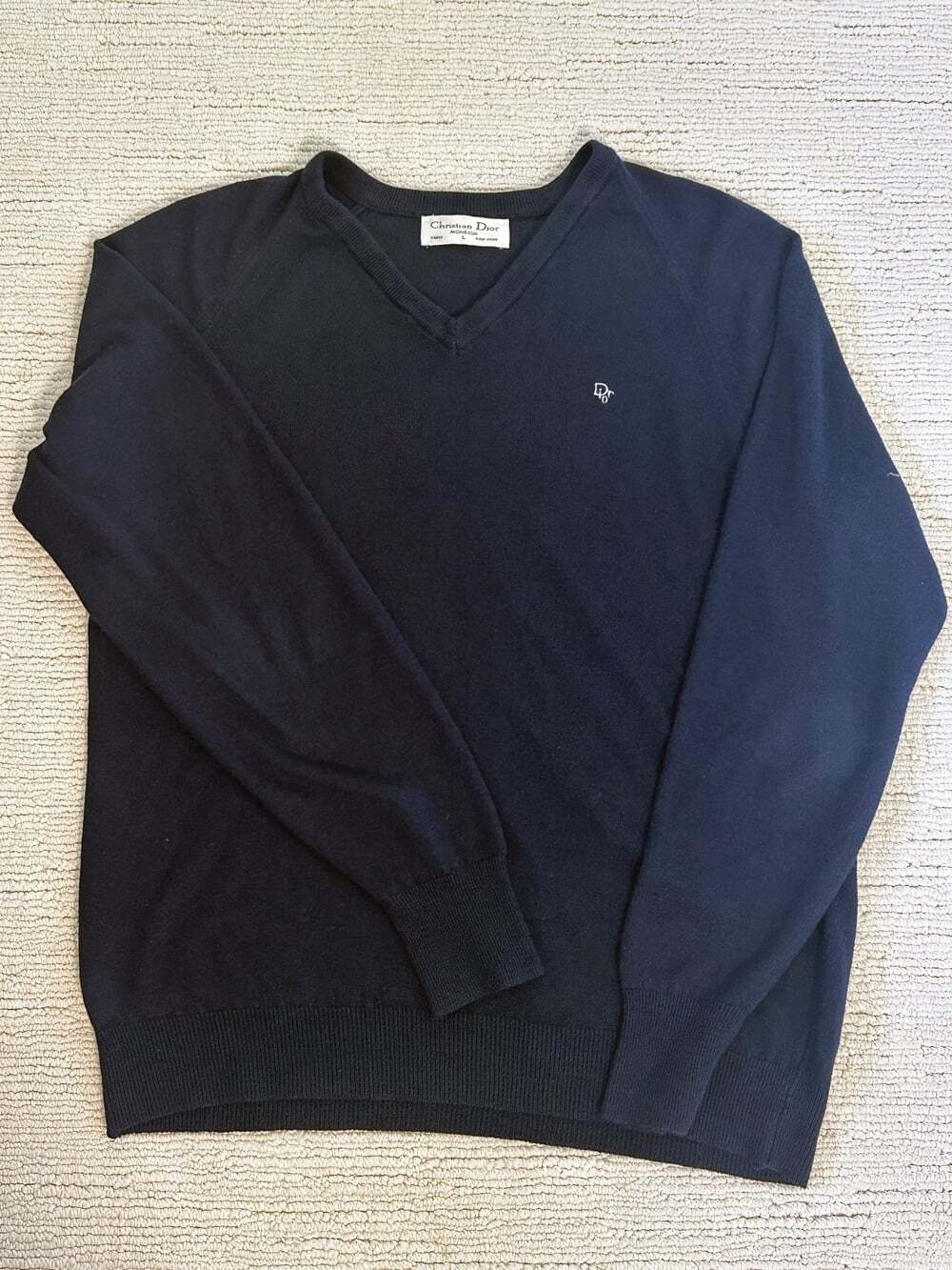 CHRISTIAN DIOR Monsieur Size L Navy Sweater V-neck Vintage 70s-80s Unisex Luxury